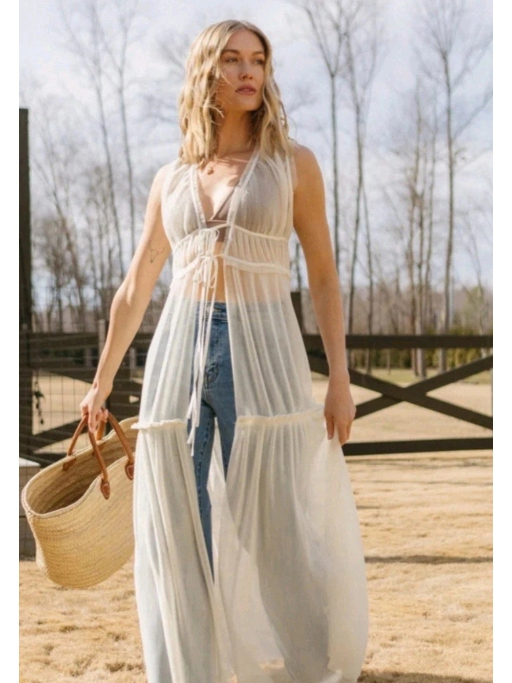Lane 201 Sheer Tulle Tie-Front Maxi Top Boho Duster